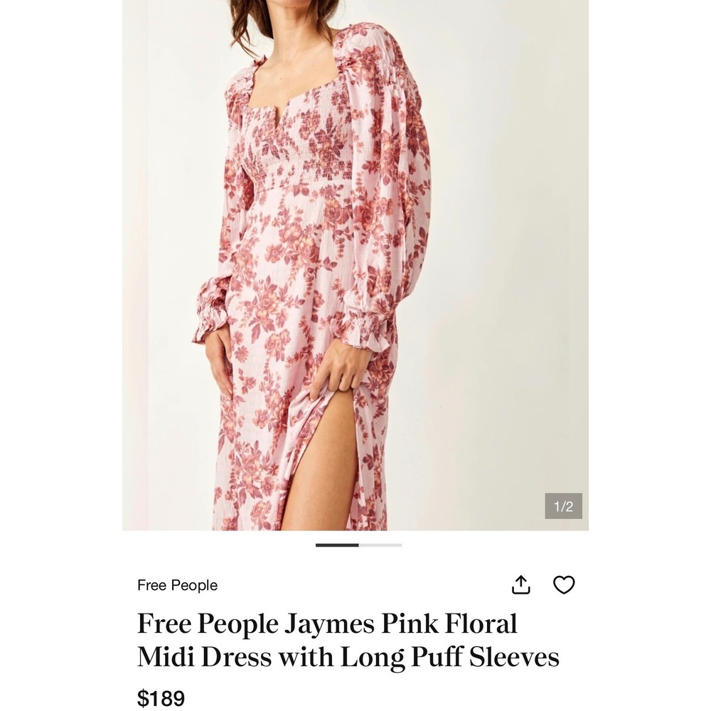 Free People Jaymes Pink Floral Midi Dress Long Puff Sleeve Smocked OB1295094